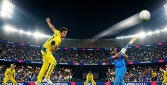 Cricket player hitting a ball.